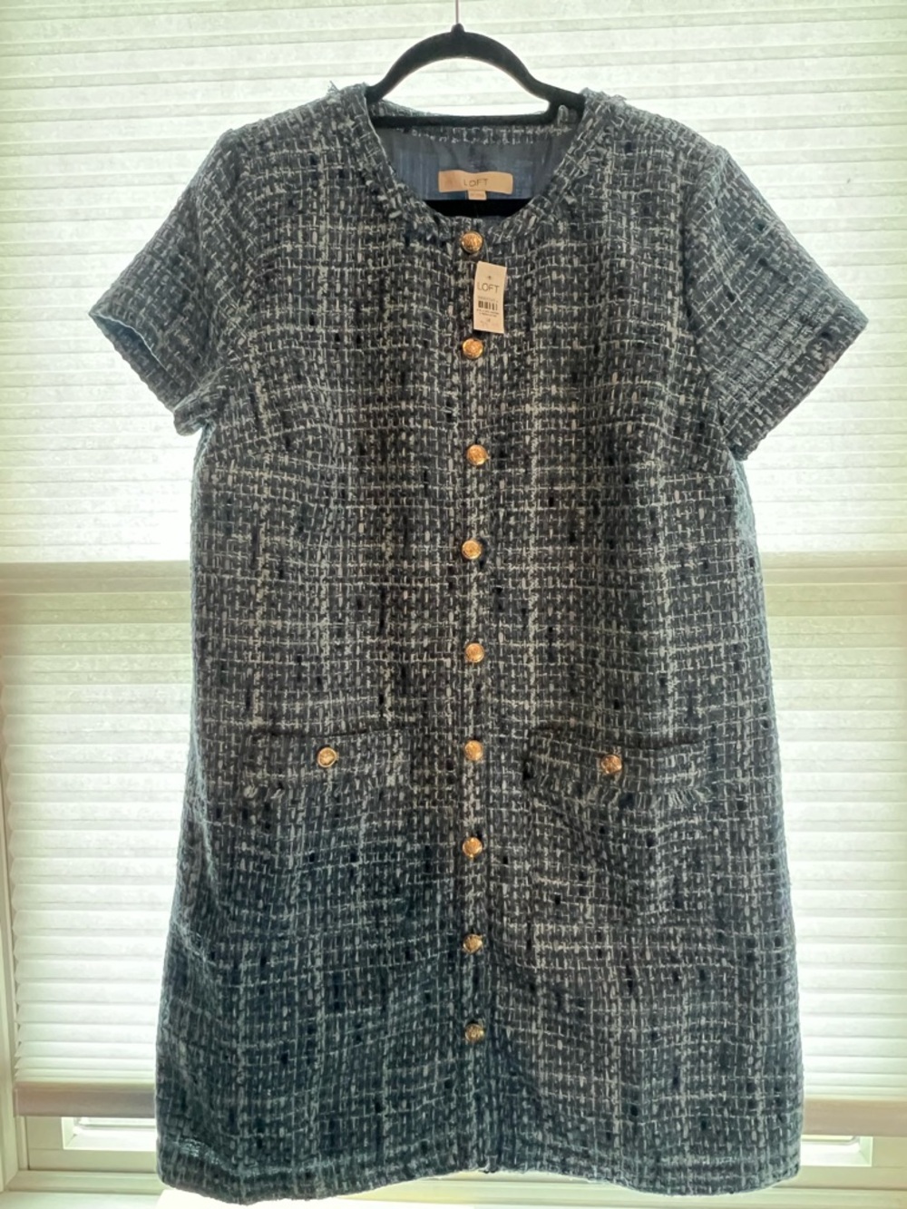 NWT LOFT Tweed Shift Dress in blue with Gold Buttons